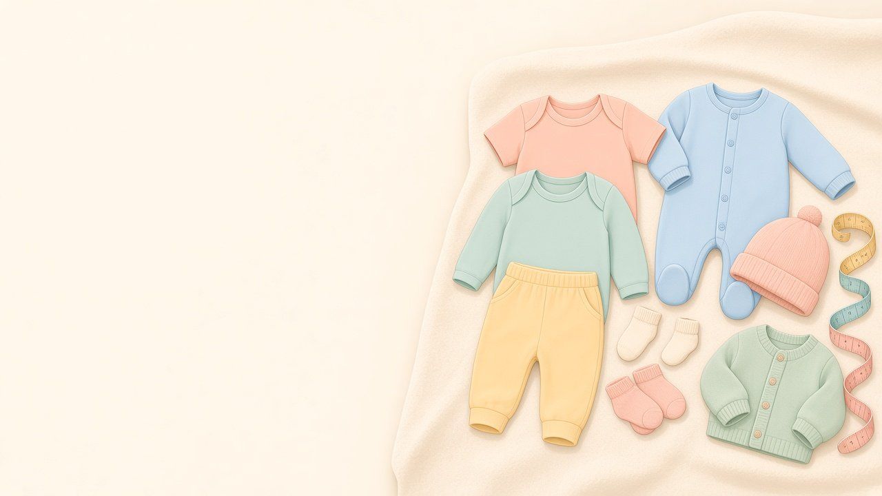 Små vikta babykläder i pastellfärger, en mössa och små strumpor utlagda på en ljus säng.
