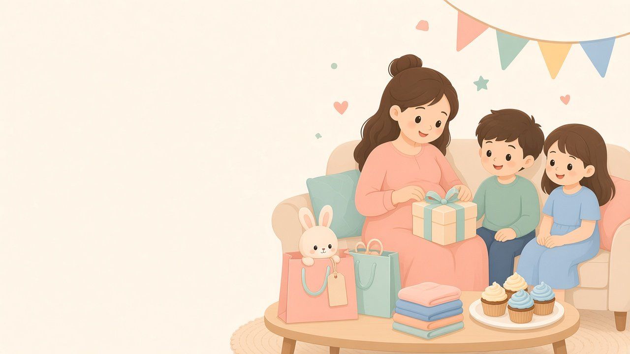Inslagna presenter i pastellfärger på ett bord vid en babyshower, med små vikta babykläder bredvid.