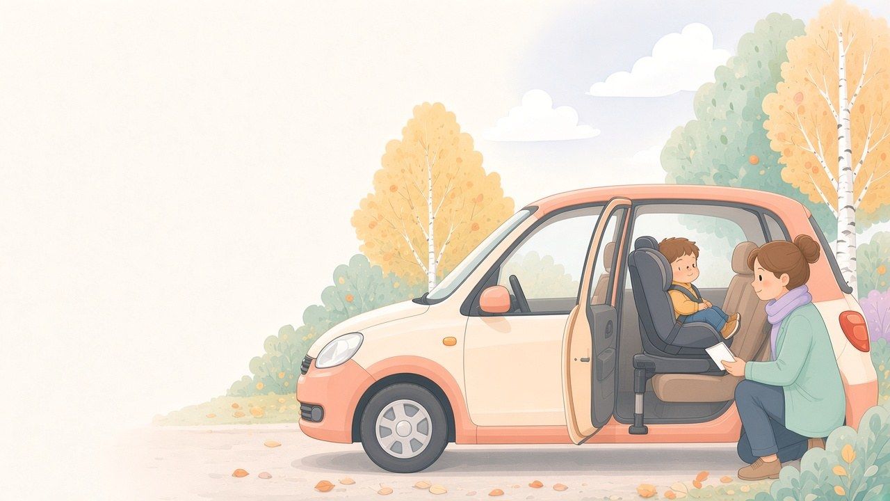 Småbarn sitter bakåtvänt i en bilbarnstol på ISOFIX-bas med stödben i baksätet, medan en förälder läser manualen.