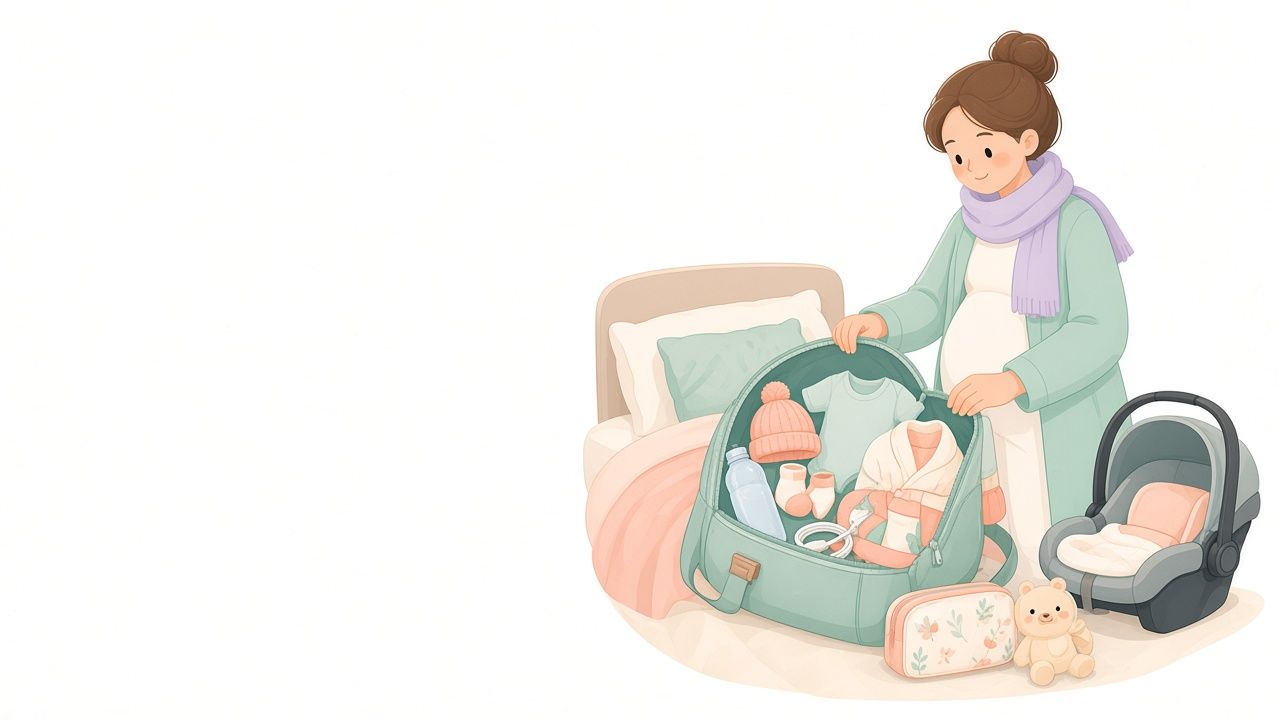 Gravid person packar BB-väskan med babykläder och necessär, babyskydd står bredvid.