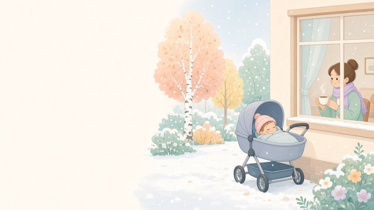 Barnvagn med liggdel parkerad på en snöig altan, med bebisen nedbäddad i en varm åkpåse.